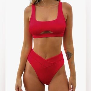 CUPSHE Woman’s Crimson Red Bikini | Cut Out Top | CrossOver Front Bottoms Size L